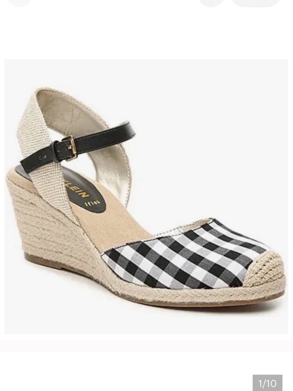 Ann Klein Black & White Gingham Espadrille Wedge Sandals with Ankle Strap